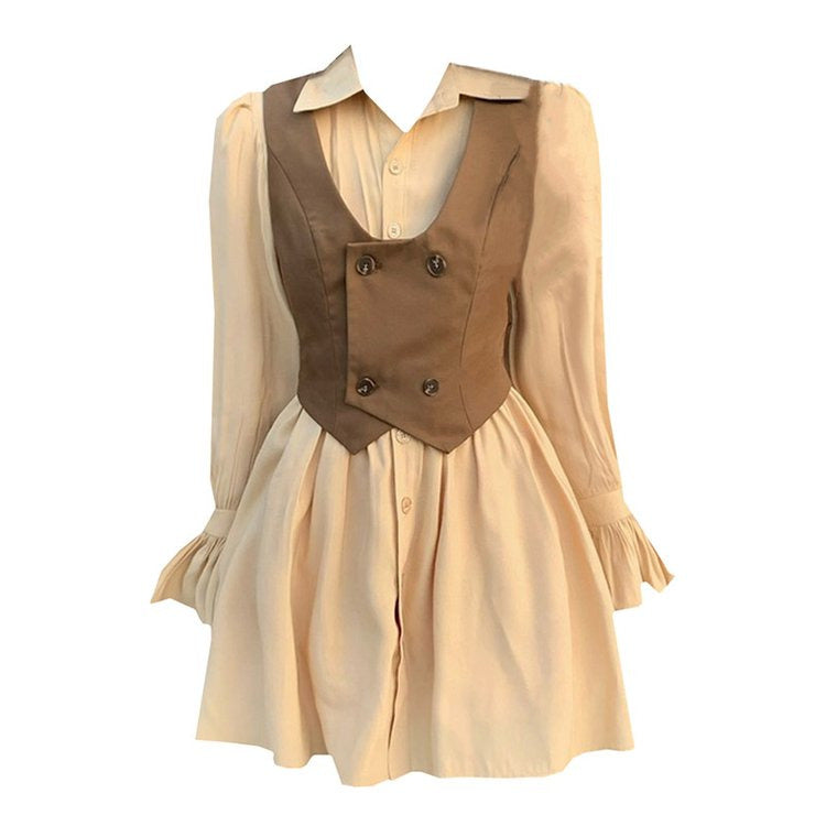 Vintage Double Button Vest Ruffled Dress Set