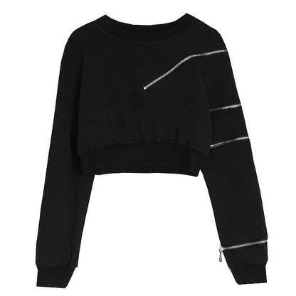 Gothic Zipper Crop Sweatshirt Waistband Pleated Skirt Set