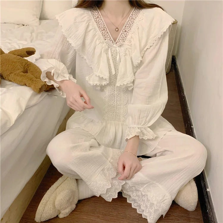 Pure Color Bowknot Lace Home Pajamas Set