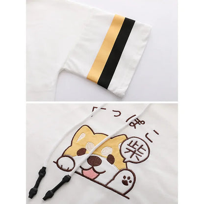 Cartoon Puppy Letter Embroidery Hooded T-Shirt Overalls Pants