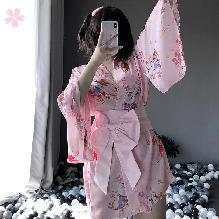 Sakura Kitty Print Japanese Kimono Lingerie