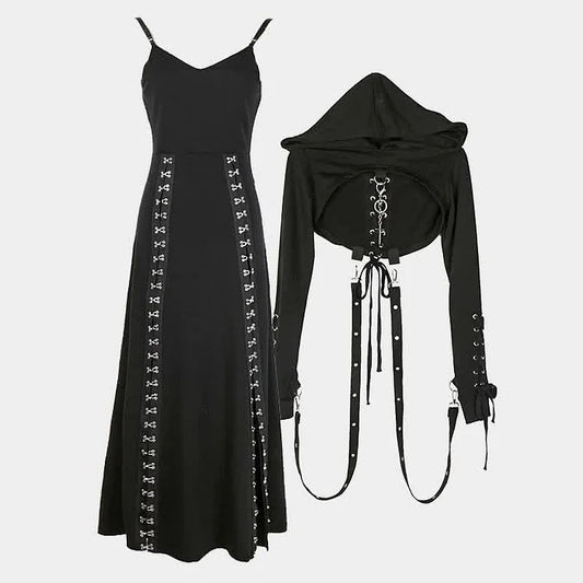 Gothic Hollow Lace Up Sweatshirt Split Long Dress Two Piece Set