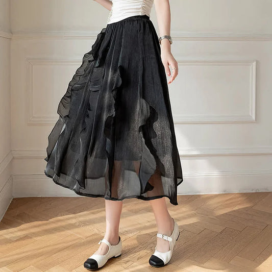 Pure Color Wavy High Waist Drape Flouncing Skirt