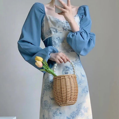 Chic Vintage Square Collar Floral Print Pearl Dress