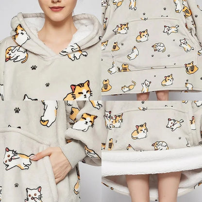 Kawaii Cartoon Kitty Cat Print Hooded Blanket