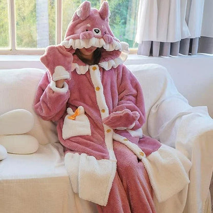 Kawaii Cartoon Fox Pattern Plush Hooded Pajamas Dress