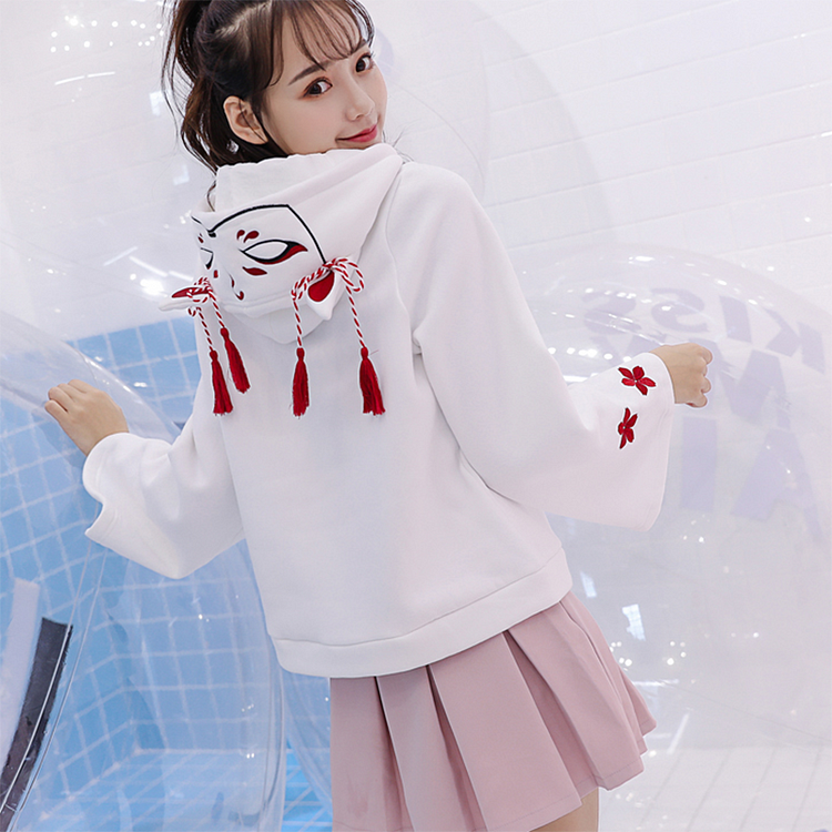 Harajuku Fox Ghost Face Embroidery Tassels Sweatshirt Hoodie