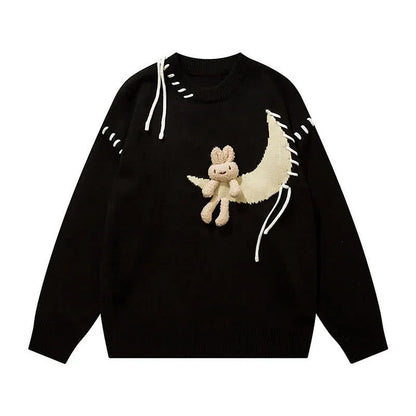Bunny Doll Moon Print Lace Up Knit Sweater