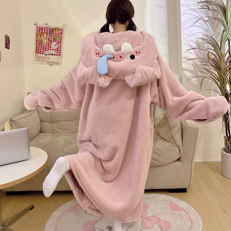 Kawaii Funny Piggy Embroidery Hooded Jumpsuit Pajamas Dress