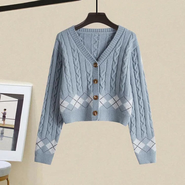 Vintage Rhombus Cardigan Sweater Slip Dress Two Piece Set