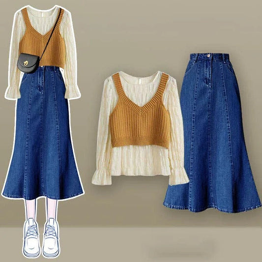 Vivid Color Vest Shirt High Waist Fishtail Denim Skirt Three Piece Set