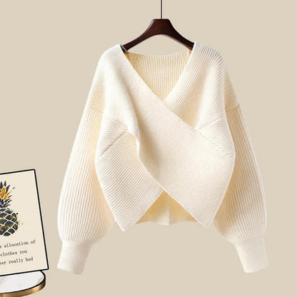 Vintage Cross Knit Sweater Flouncing Slip Dress Two Piece Set