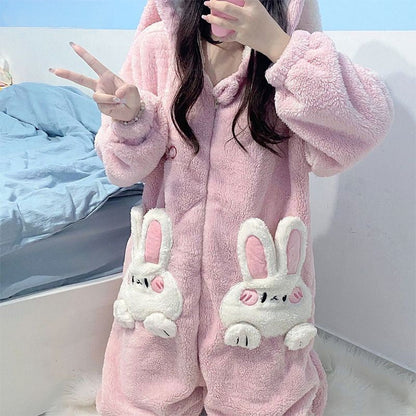 Cute Cartoon Bunny Pocket Plush Hooded Jumpsuit Pajamas
