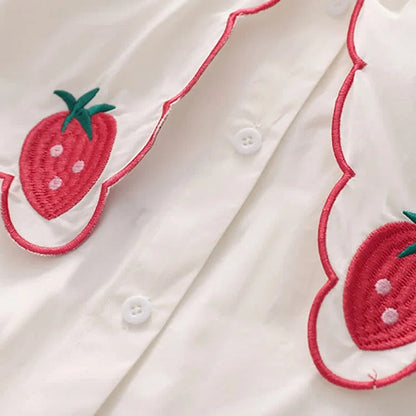 Chic Strawberry Embroidery Collar Shirt Denim Overall Dress Two Piece Set