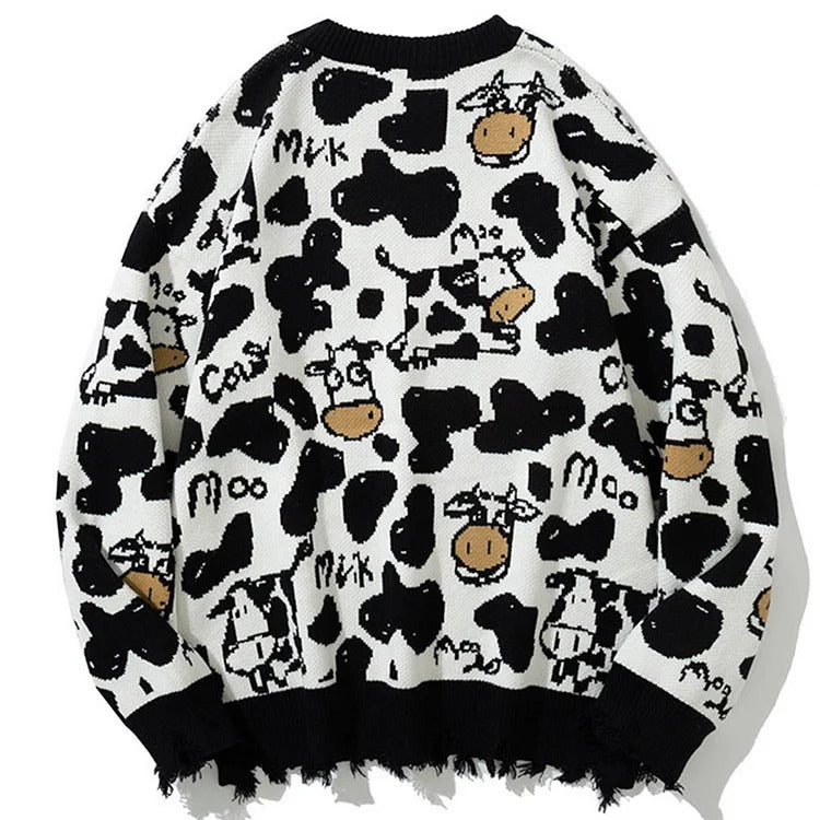 Cartoon Cow Splash Print Pullover Knit Sweater