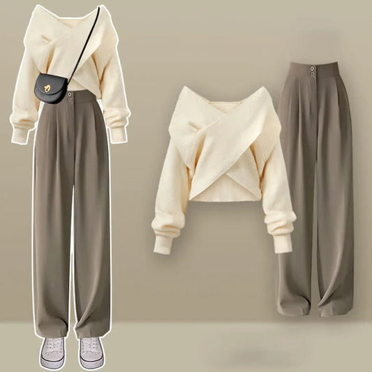 Cross V-Neck Knit Sweater Casual Pants Two Piece Set