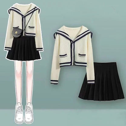 Sailor Collar Cardigan Sweater Casual Pants Pleated Skirt Two Piece Set