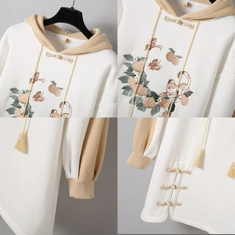 Vintage Cat Nature Embroidery Hoodie Dress