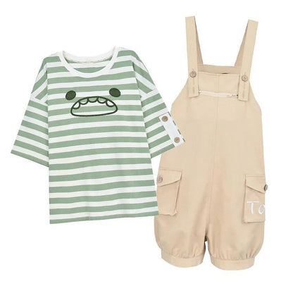 Cute Monster Striped T-Shirt Pockets Overalls Pants