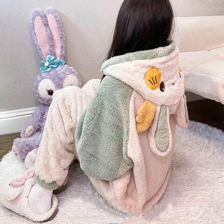 Cartoon Bunny Wings Pocket Plush Hooded Jumpsuit Pajamas