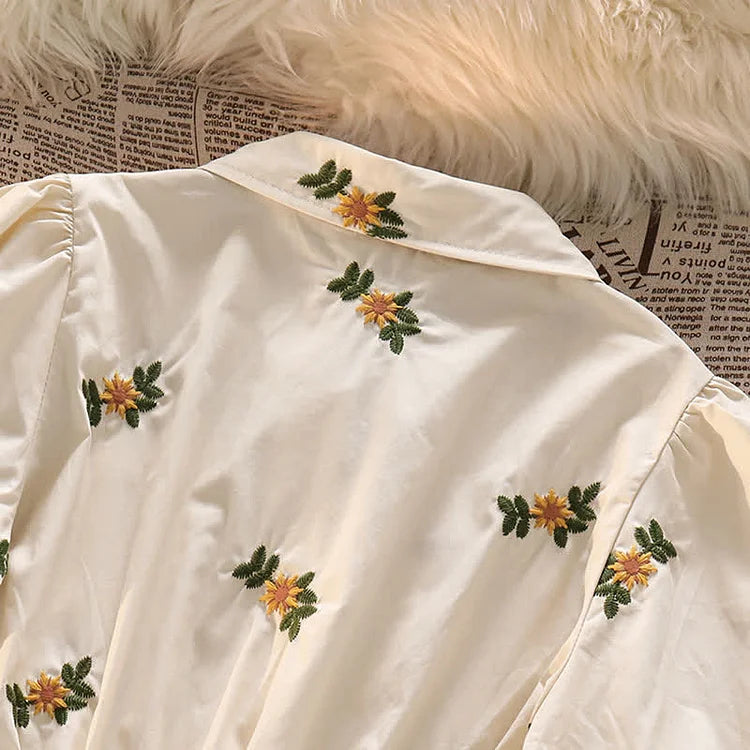 Floral Embroidery Lapel Pocket T-Shirt High Waist Skirt