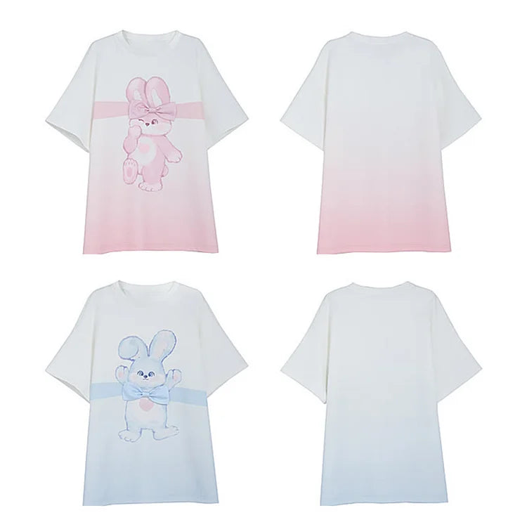 Cartoon Bowknot Rabbit Print Gradient Color Matching Best Friends T-Shirt
