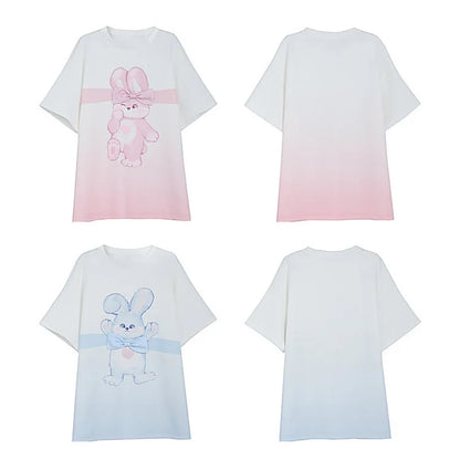 Cartoon Bowknot Rabbit Print Gradient Color Matching Best Friends T-Shirt