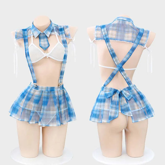 Sexy Lace Up Plaid Overalls Cosplay Uniform Lingerie Set
