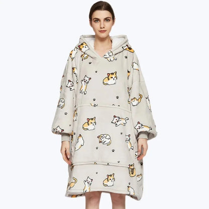 Cartoon Kitty Cat Print Hooded Blanket Pajamas