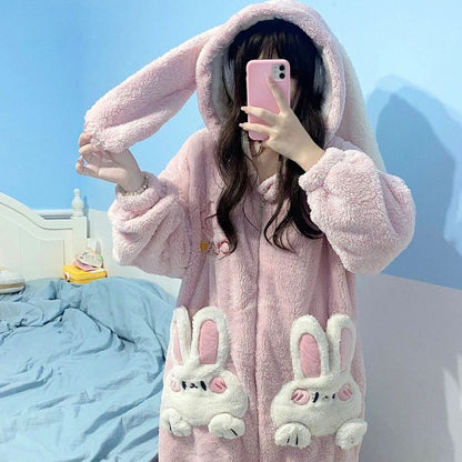 Cute Cartoon Bunny Pocket Plush Hooded Jumpsuit Pajamas