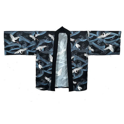 Vintage Crane Print Casual Cardigan Kimono Outerwear