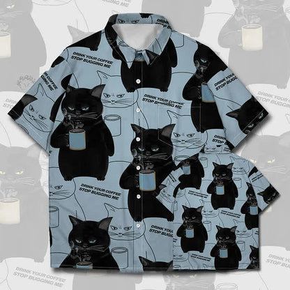 Cartoon Coffee Kitty Letter Print Casual Polo T-Shirt