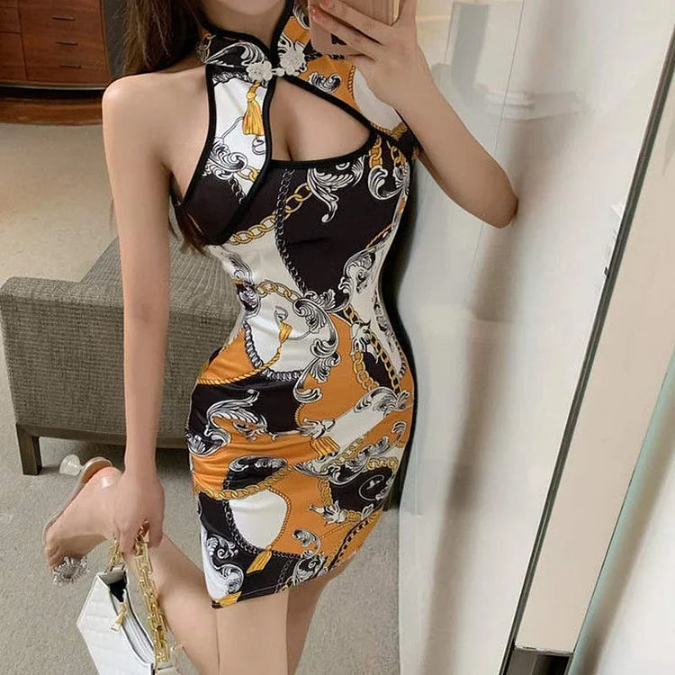 Chic Vintage Print Hollow Out Cheongsam Dress