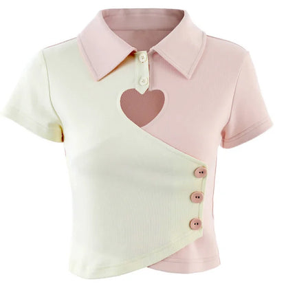 Colorblock Love Heart Hollow Out Collar T-Shirt