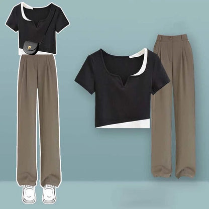Chic Colorblock Crop Top T-Shirt Casual Pants Two Piece Set