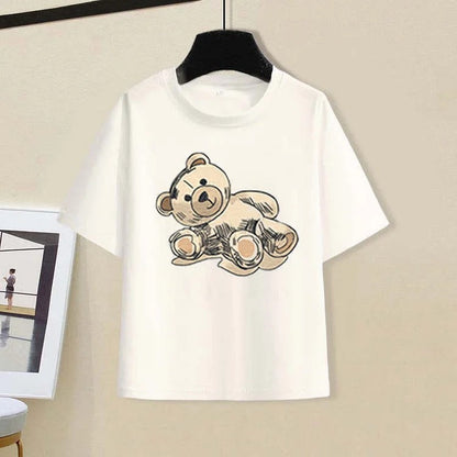 Cartoon Bear Letter Print T-Shirt Pleated Tulle Skirt Two Piece Set