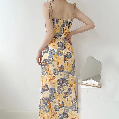 Chic Vintage Oil Painting Floral Print Lace Up Split Slip Dress