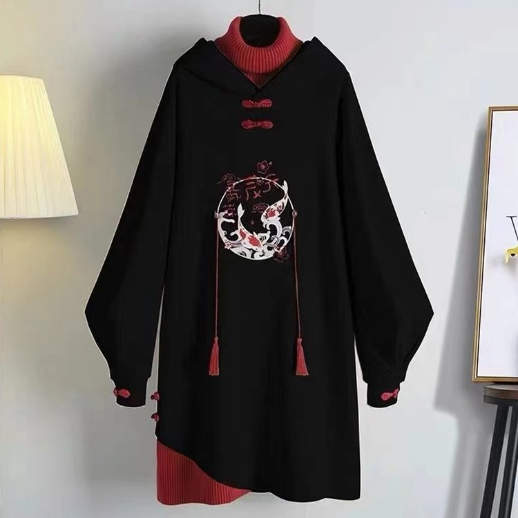 Koi Fish Letter Embroidery Hoodie Sweatshirt Dress
