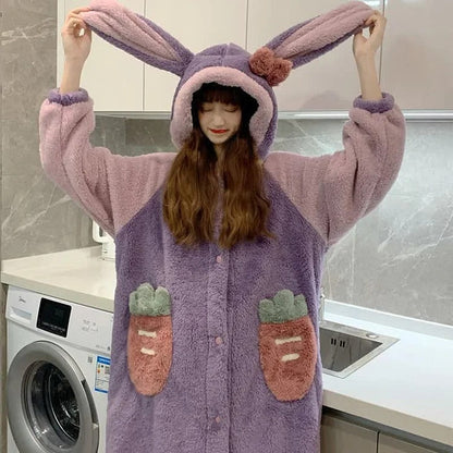 Kawaii Cartoon Bunny Ears Carrot Plush Hooded Pajamas Set