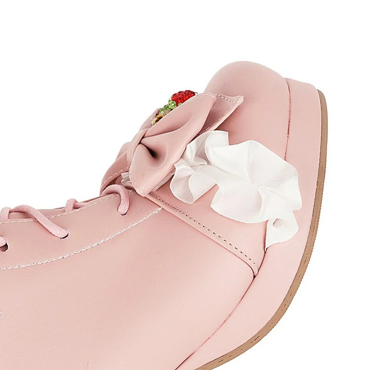 Lolita Bunny Ear Bowknot Strawberry Lace Up Boots