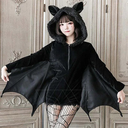 Dark Devil Bat Ear Plush Hooded Sweatshirt Zipper Dress