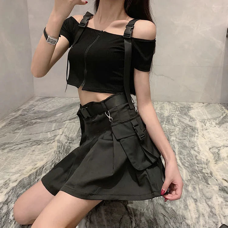 Street Off Shoulder Buckle Strap Zipper Crop Top Belted Pleated Skirt