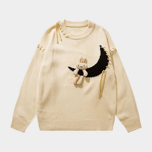 Bunny Doll Moon Print Lace Up Knit Sweater