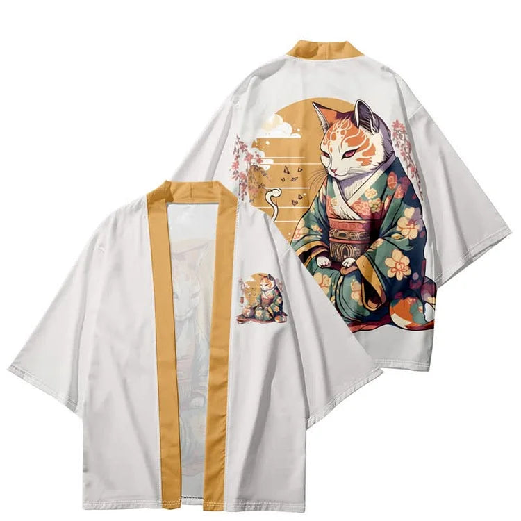 Vintage Cat Warriors Print Cardigan Kimono Outerwear