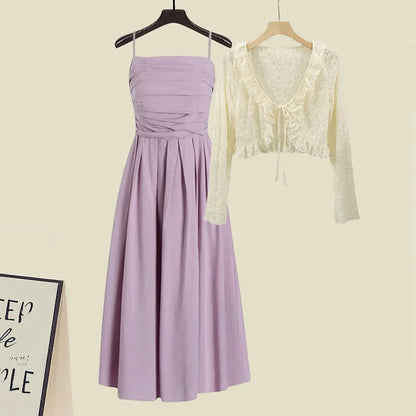 Vintage Lace Cardigan Ruffled Slip Dress Two Piece Set