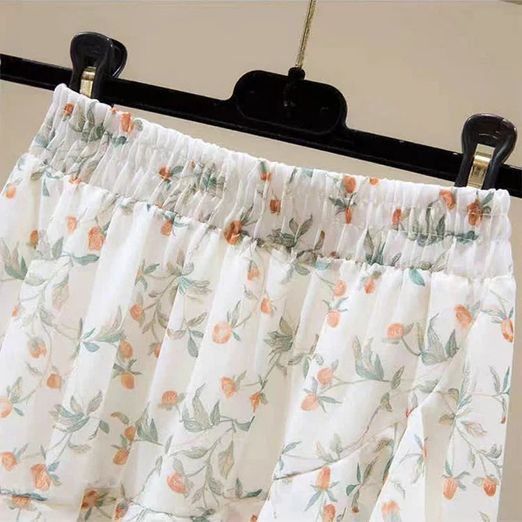 Vintage Floral Print Lace Up Chiffon Shirt High Waist Skirt