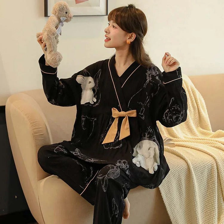 Kawaii Bow Cartoon Print Loose Kimono Pajamas Set