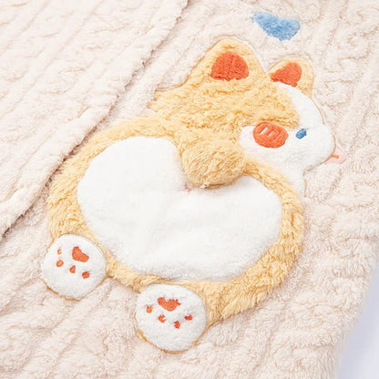 Kawaii Cartoon Puppy Embroidery Plush Hooded Pajamas Set