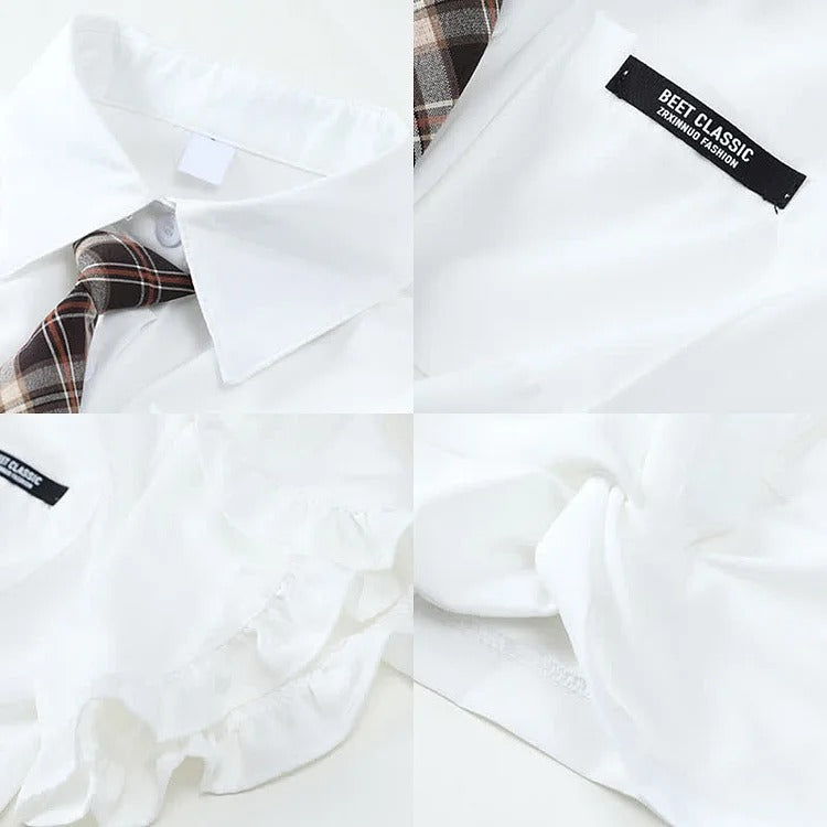 Pocket Lapel Tie Shirt Suspender Skirt Two Piece Set