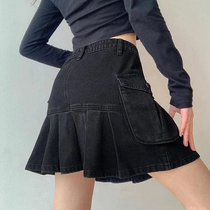 Chic Denim High Waist Pleated Mini Skirt